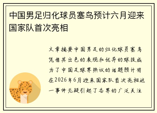 中国男足归化球员塞鸟预计六月迎来国家队首次亮相 中国男足归化球员塞鸟预计六月迎来国家队首次亮相